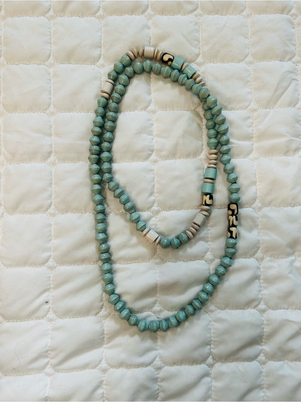 Handcrafted Mint Green Beaded Necklace with Cream Accents